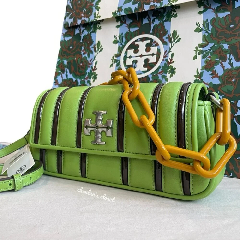 Tory Burch Bombe Kira Stripe Flap Bag Green Leather With Silver Hardware - Picture 13 of 13